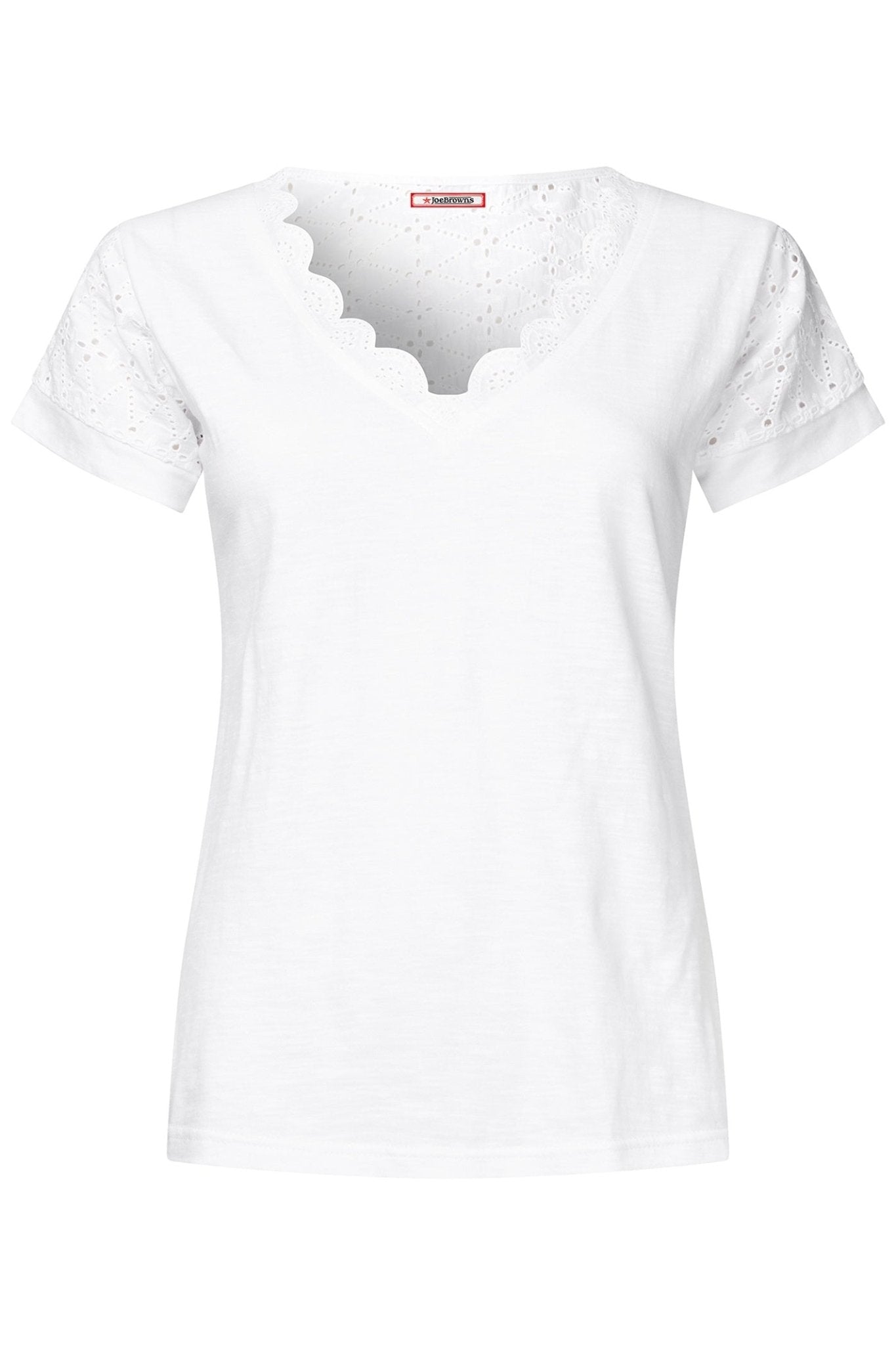 Joe Browns WU157A Summer Days Broderie Insert V - Neck T-Shirt White - Dotique