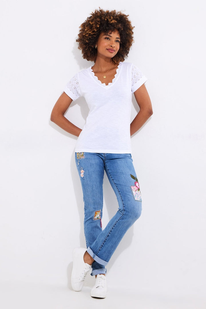 Joe Browns WU157A Summer Days Broderie Insert V - Neck T-Shirt White - Dotique