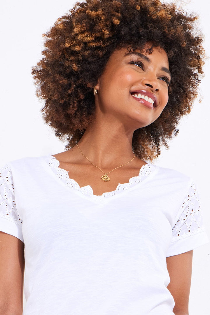 Joe Browns WU157A Summer Days Broderie Insert V - Neck T-Shirt White - Dotique