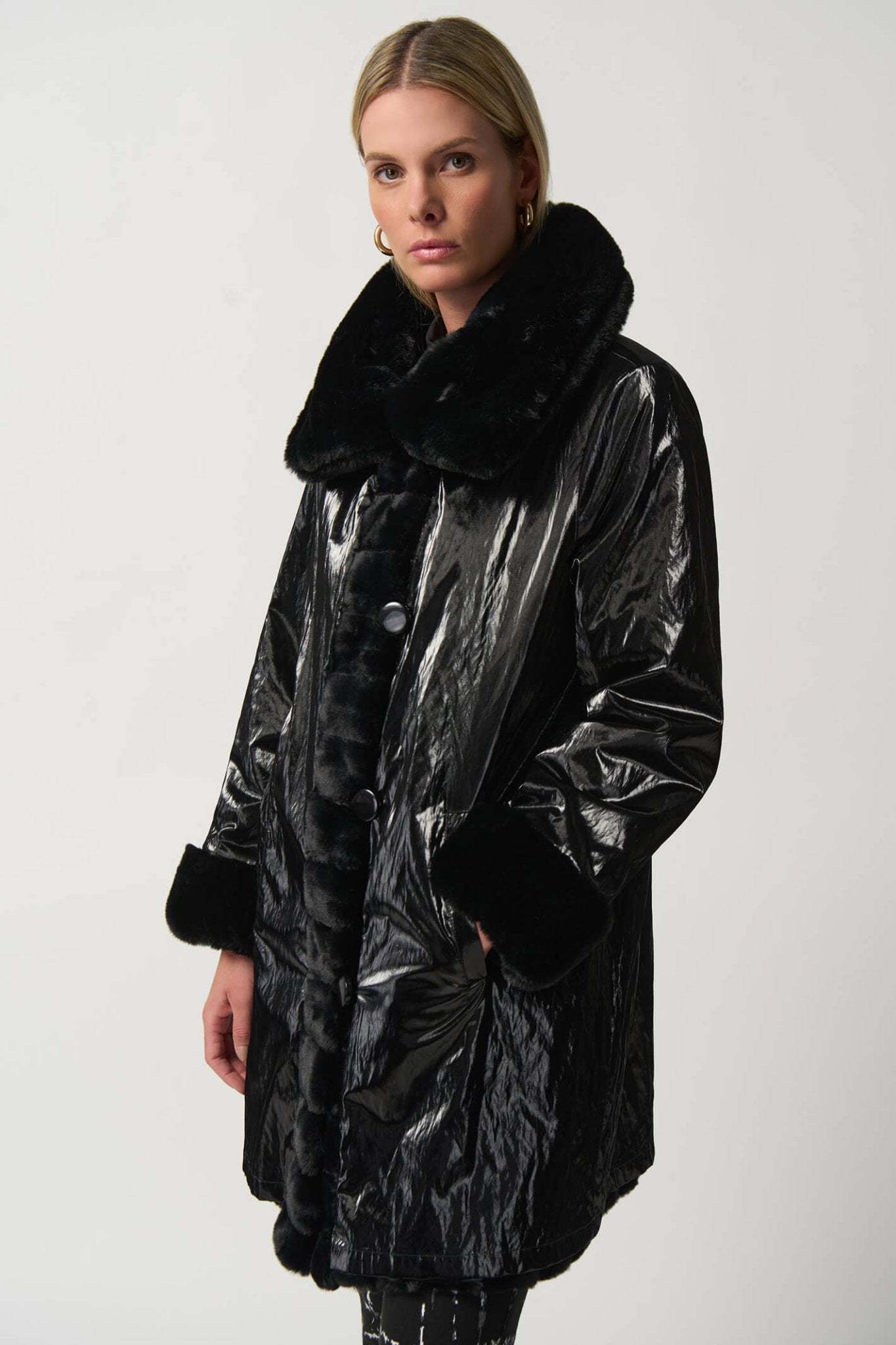 Joseph Ribkoff 233900 Reversible Faux Fur Black Coat - Dotique