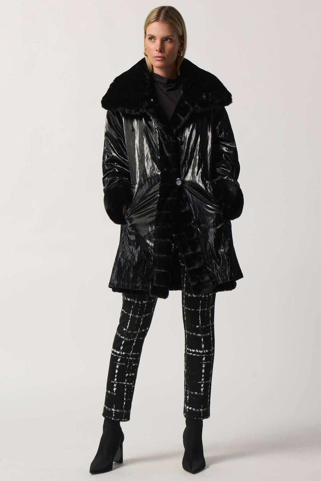 Joseph Ribkoff 233900 Reversible Faux Fur Black Coat - Dotique
