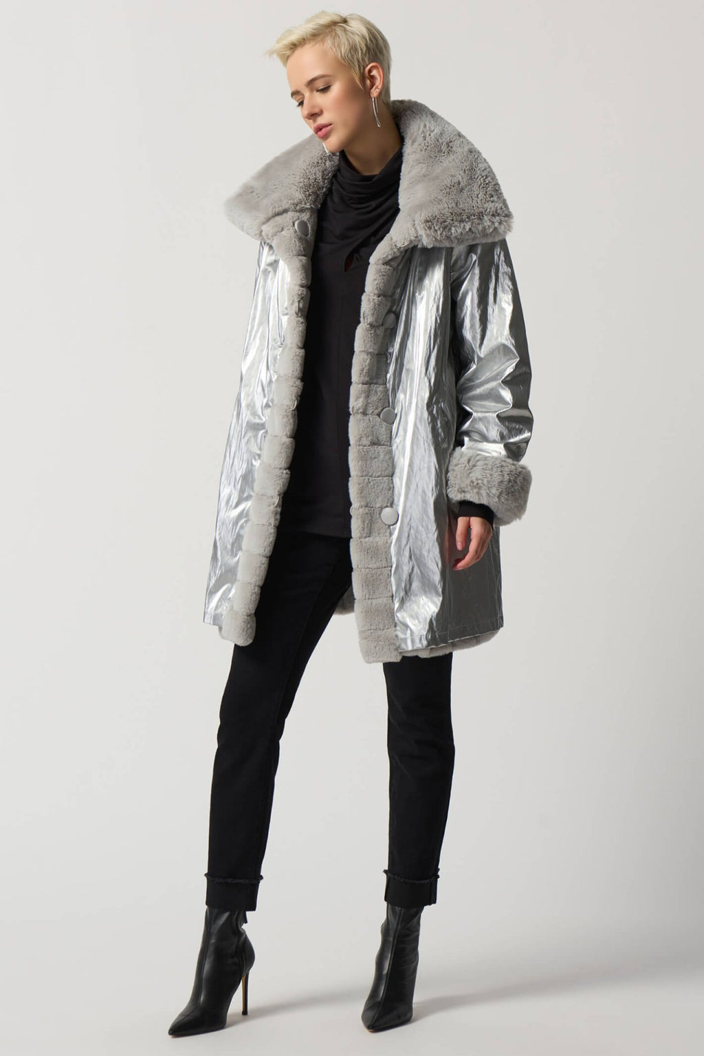 Joseph Ribkoff 233900 Reversible Faux Fur Silver Coat - Dotique