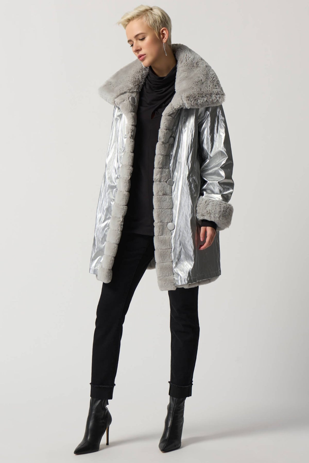 Joseph Ribkoff 233900 Reversible Faux Fur Silver Coat - Dotique