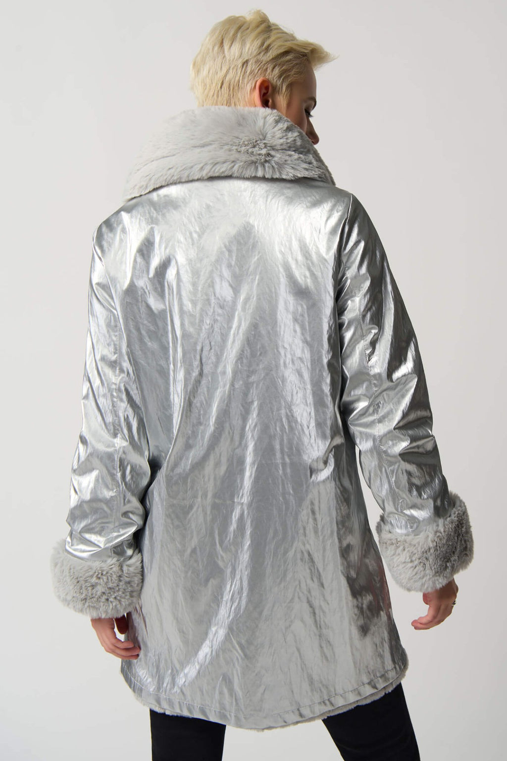 Joseph Ribkoff 233900 Reversible Faux Fur Silver Coat - Dotique