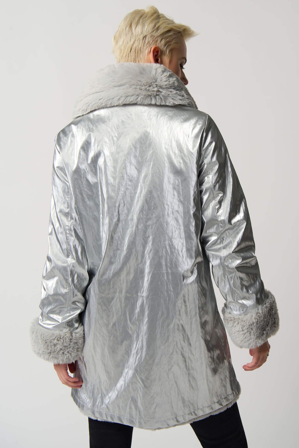 Joseph Ribkoff 233900 Reversible Faux Fur Silver Coat - Dotique