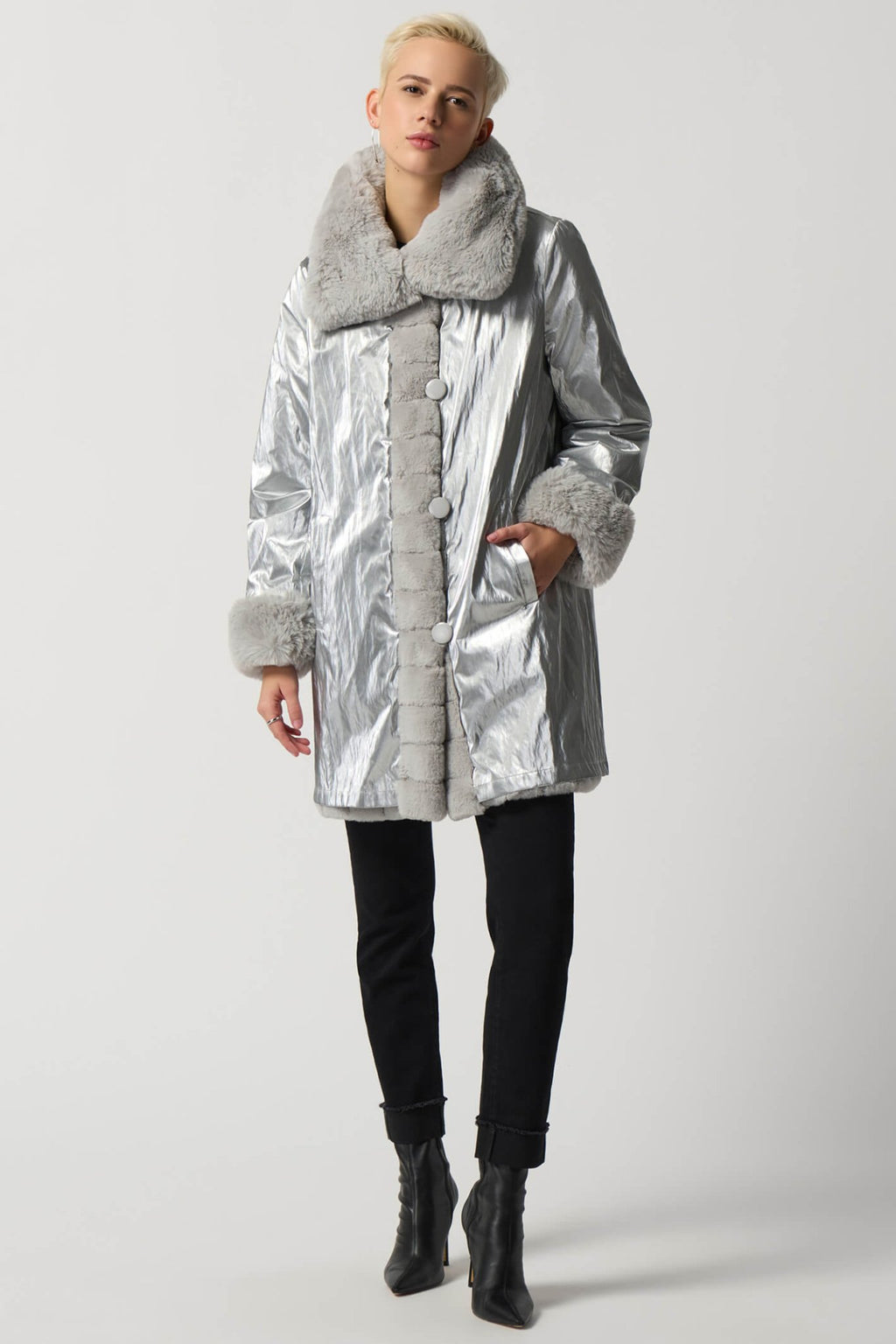 Joseph Ribkoff 233900 Reversible Faux Fur Silver Coat - Dotique