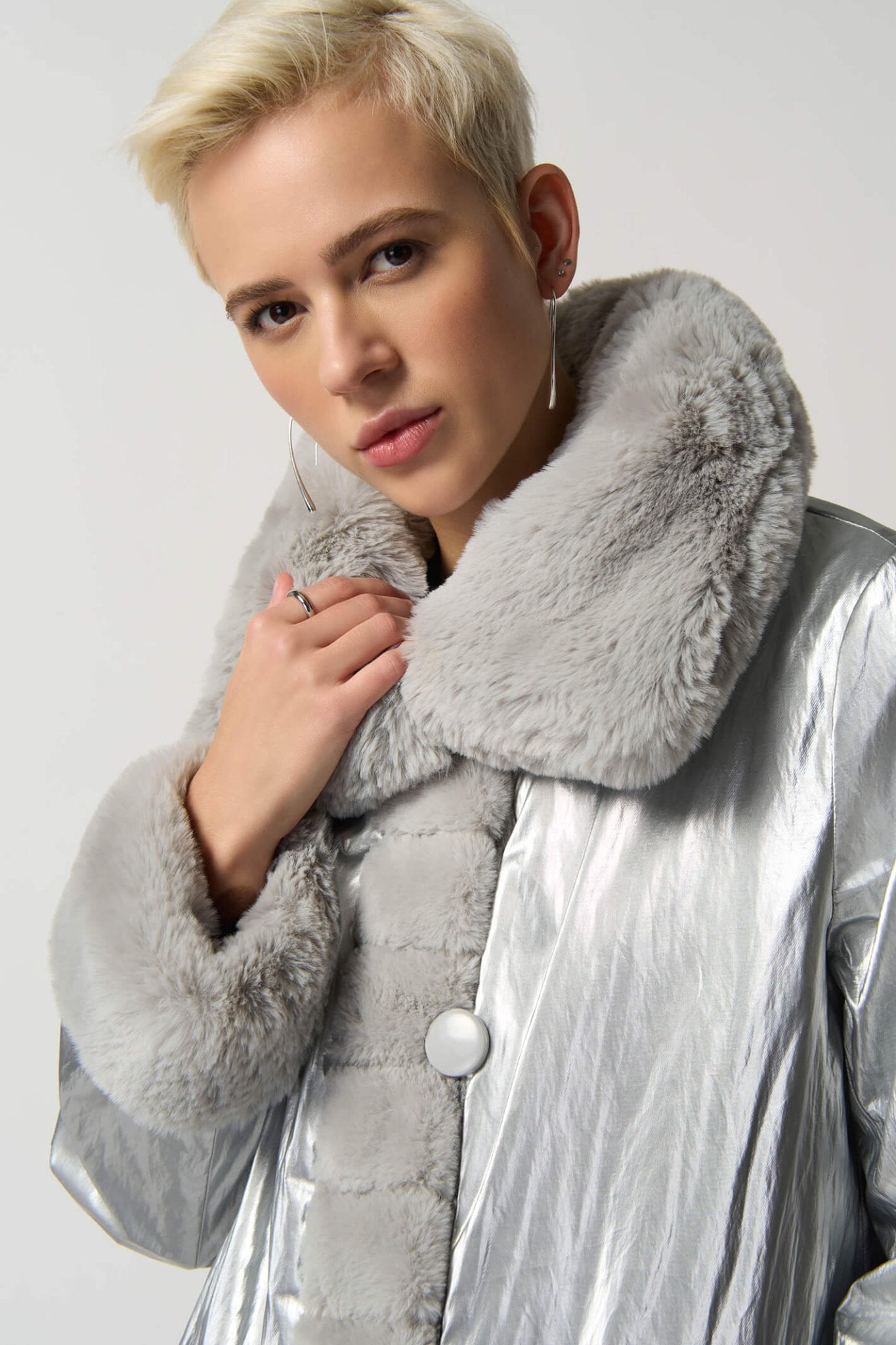 Joseph Ribkoff 233900 Reversible Faux Fur Silver Coat - Dotique