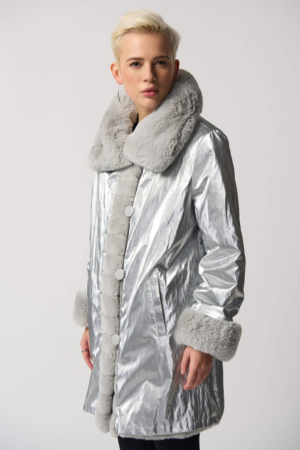 Joseph Ribkoff 233900 Reversible Faux Fur Silver Coat - Dotique