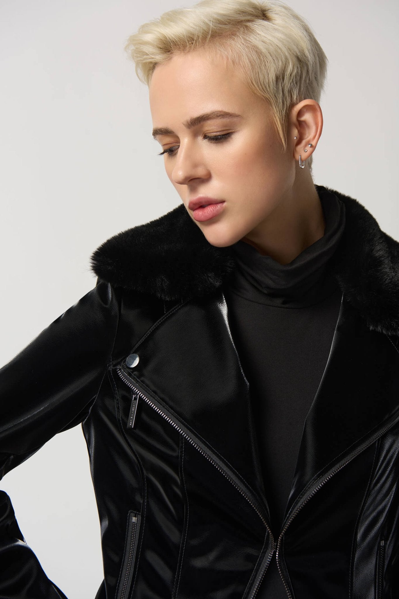 Joseph Ribkoff 233928 Black Faux-Leather Moto Jacket - Dotique