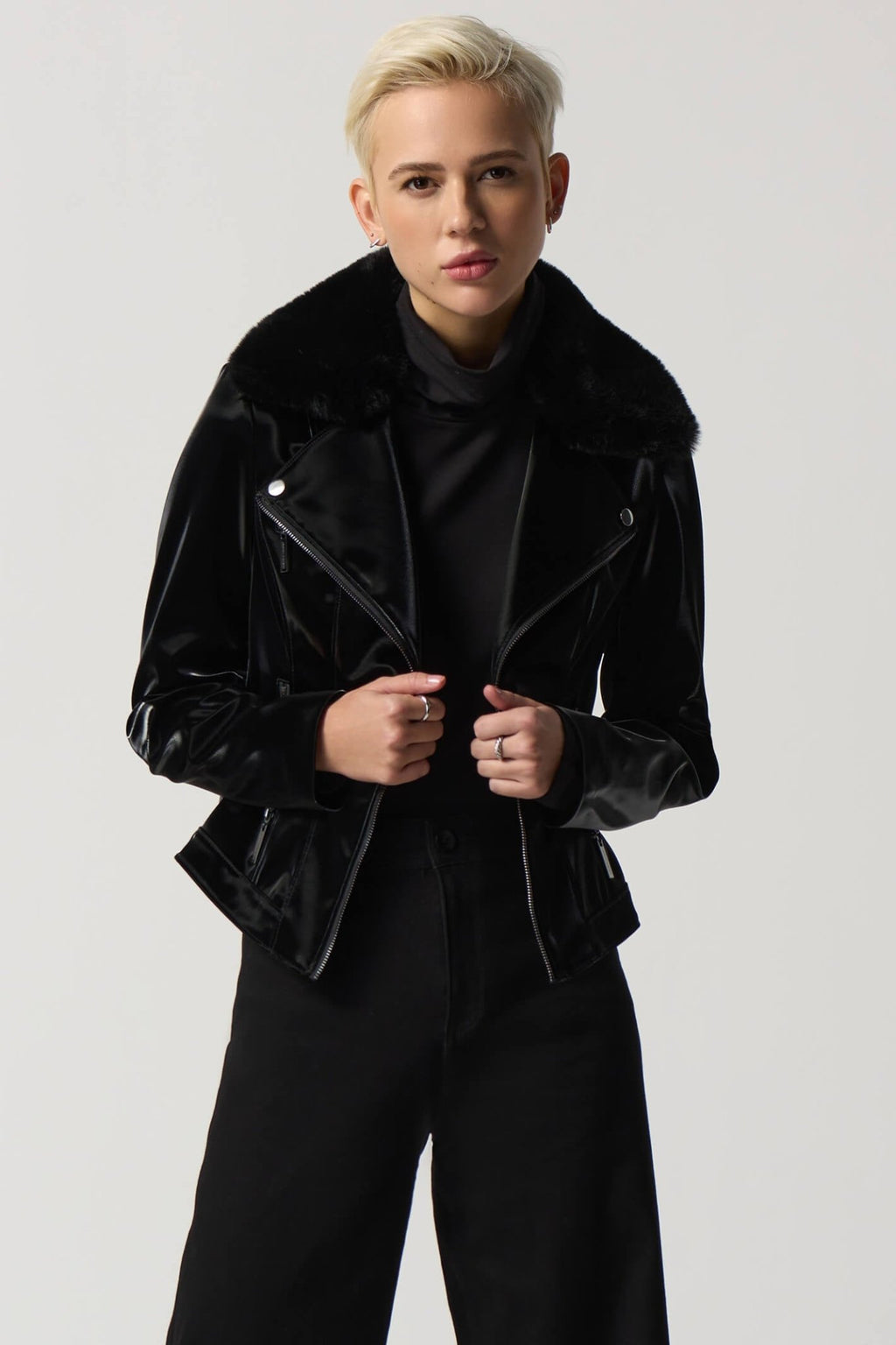 Joseph Ribkoff 233928 Black Faux-Leather Moto Jacket - Dotique