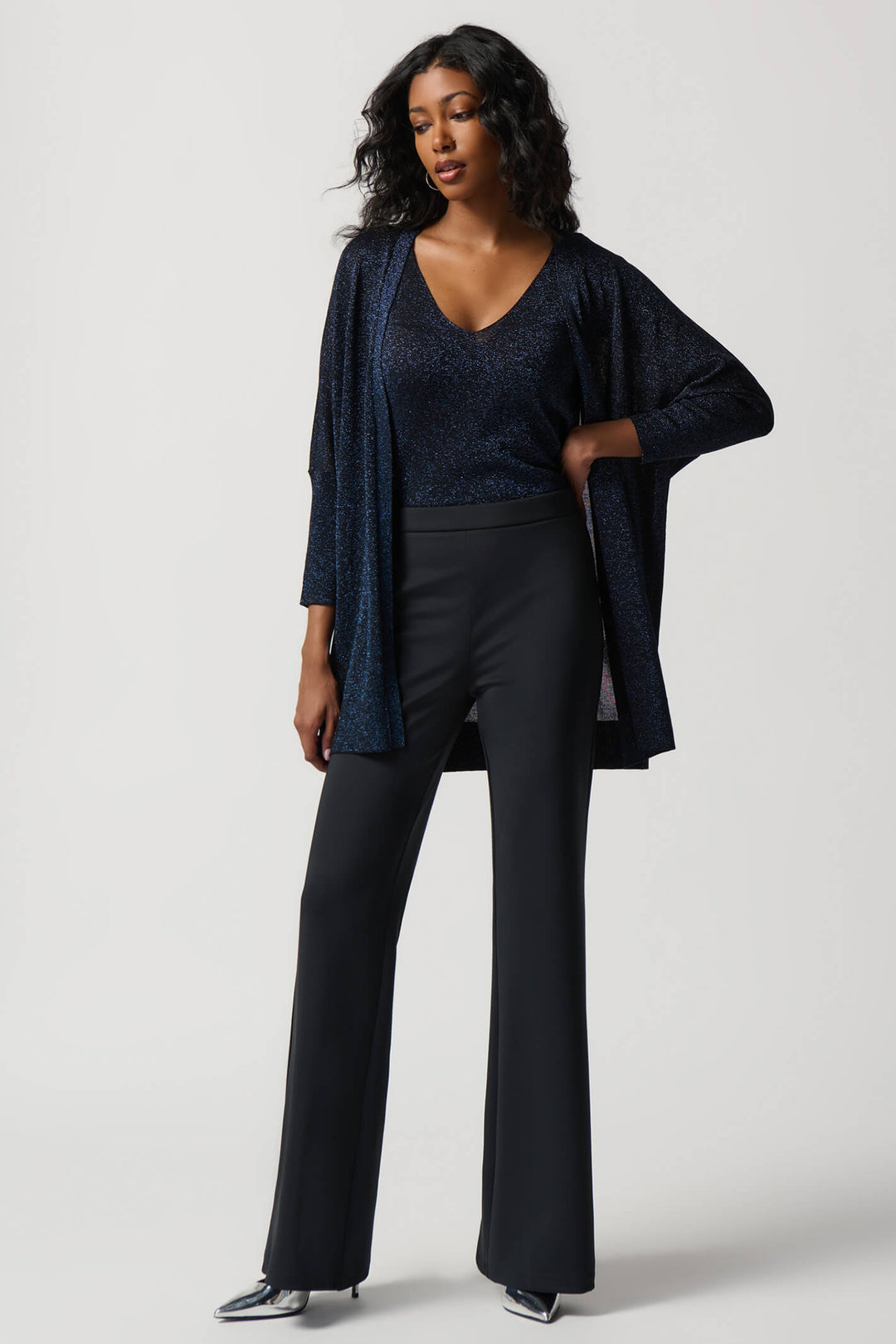 Joseph Ribkoff 234915 Black Blue Cardigan Vest Lurex Knit Twin Set - Dotique Chesterfield