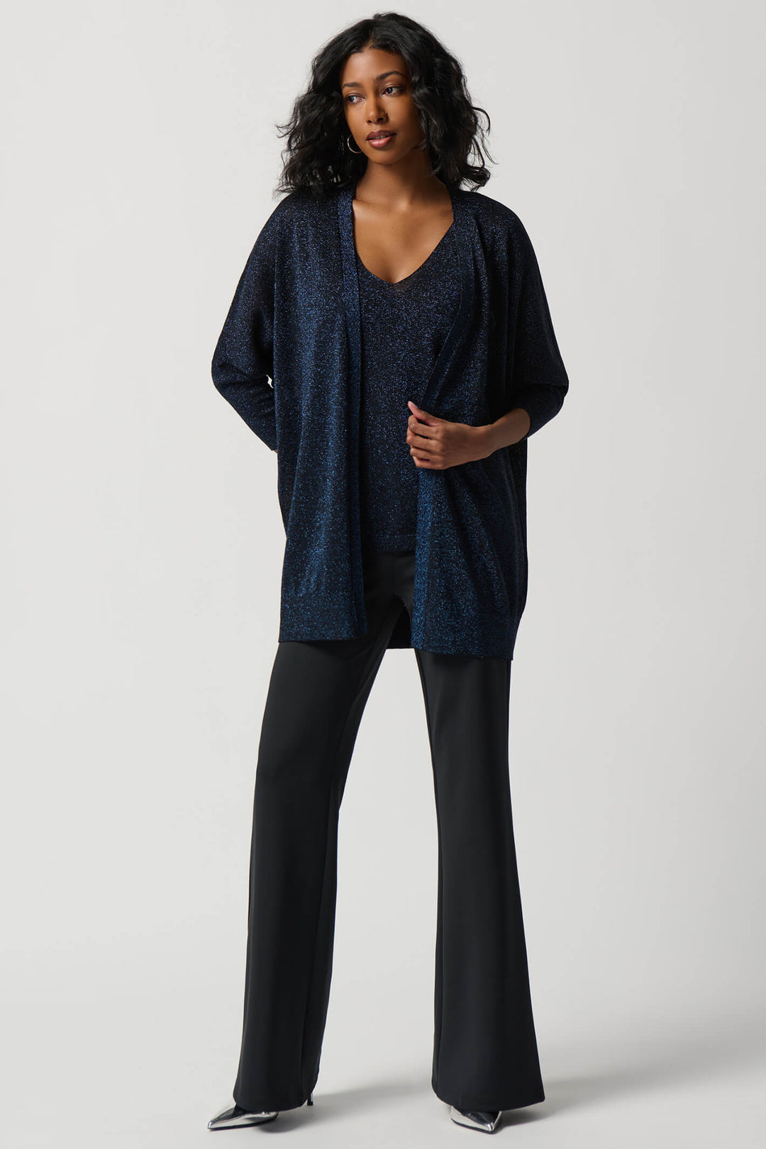 Joseph Ribkoff 234915 Black Blue Cardigan Vest Lurex Knit Twin Set - Dotique Chesterfield