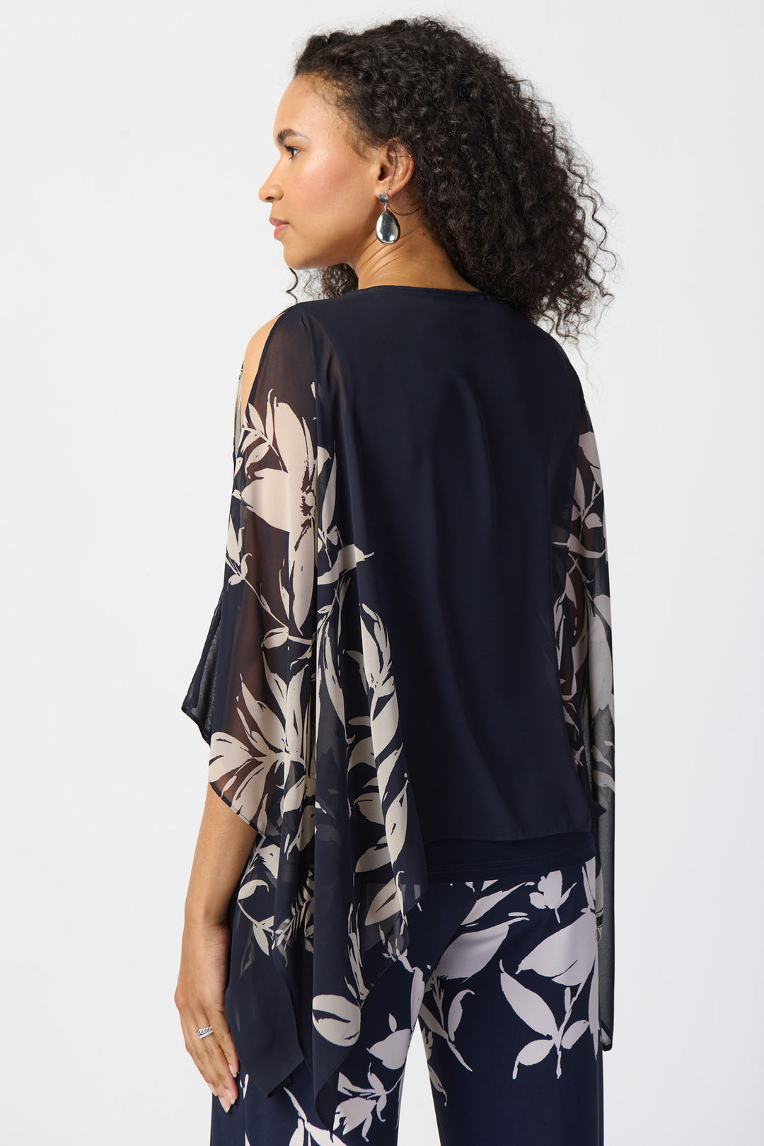 Joseph Ribkoff 241060 Midnight Blue Beige Floral Print Chiffon Poncho - Dotique