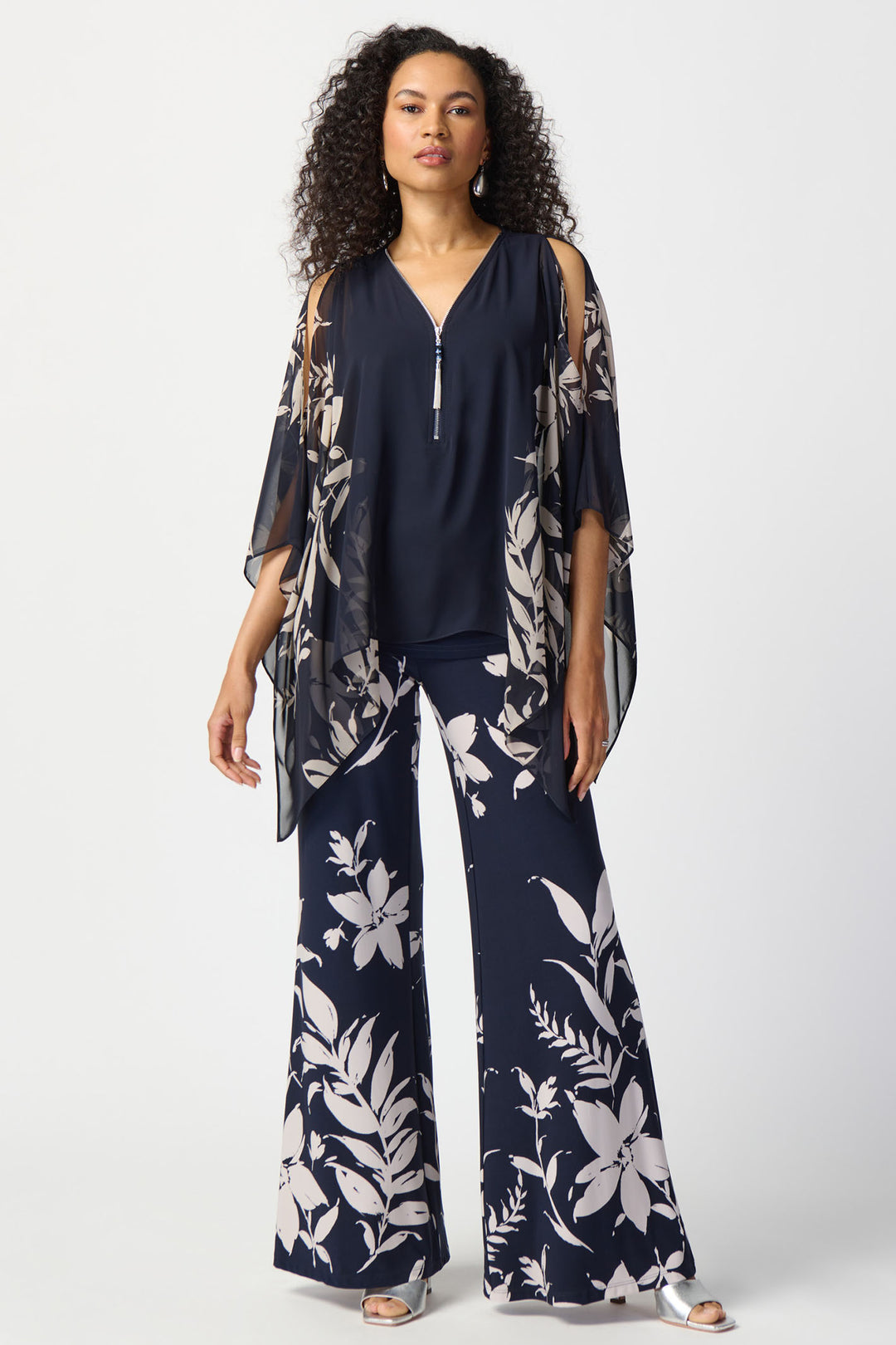 Joseph Ribkoff 241060 Midnight Blue Beige Floral Print Chiffon Poncho - Dotique