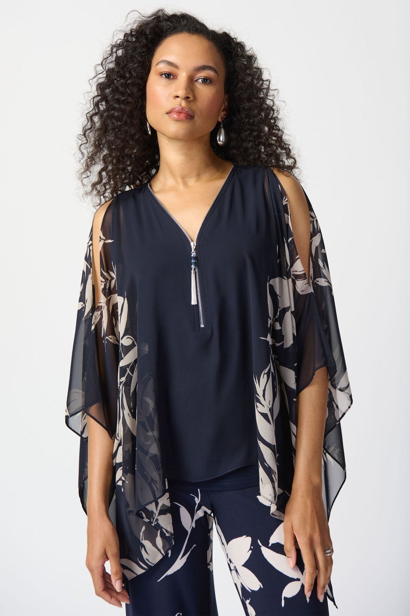 Joseph Ribkoff 241060 Midnight Blue Beige Floral Print Chiffon Poncho - Dotique