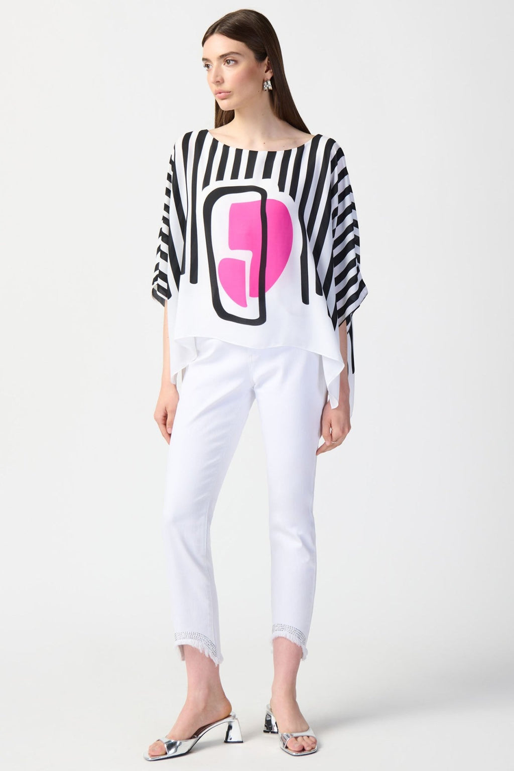Joseph Ribkoff 241091 White Black Stripe Waterfall Sleeve Top - Dotique Chesterfield
