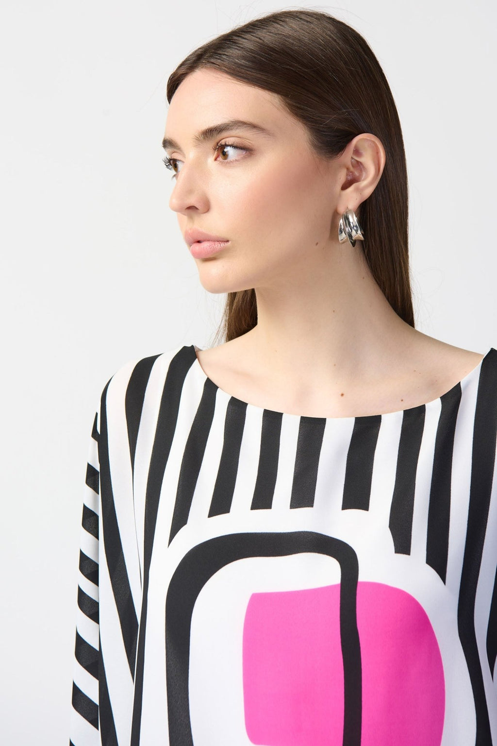 Joseph Ribkoff 241091 White Black Stripe Waterfall Sleeve Top - Dotique Chesterfield