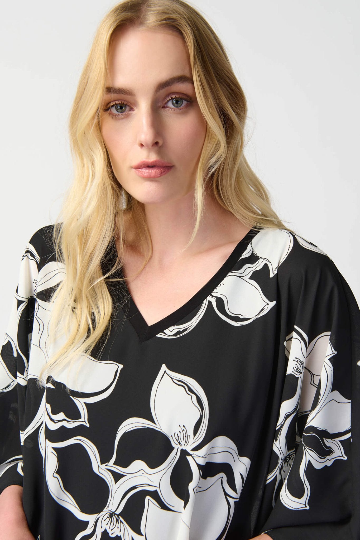 Joseph Ribkoff 241170 Black White Floral Print Georgette Poncho & Camisole - Dotique Chesterfield