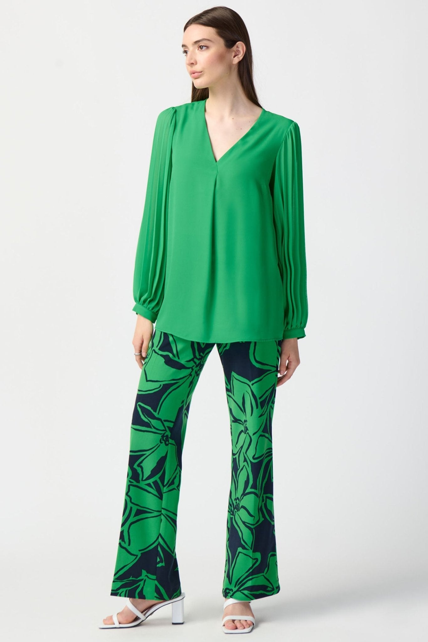 Joseph Ribkoff 241173 Island Green Georgette Pleated Chiffon Sleeves Top - Dotique Chestefield