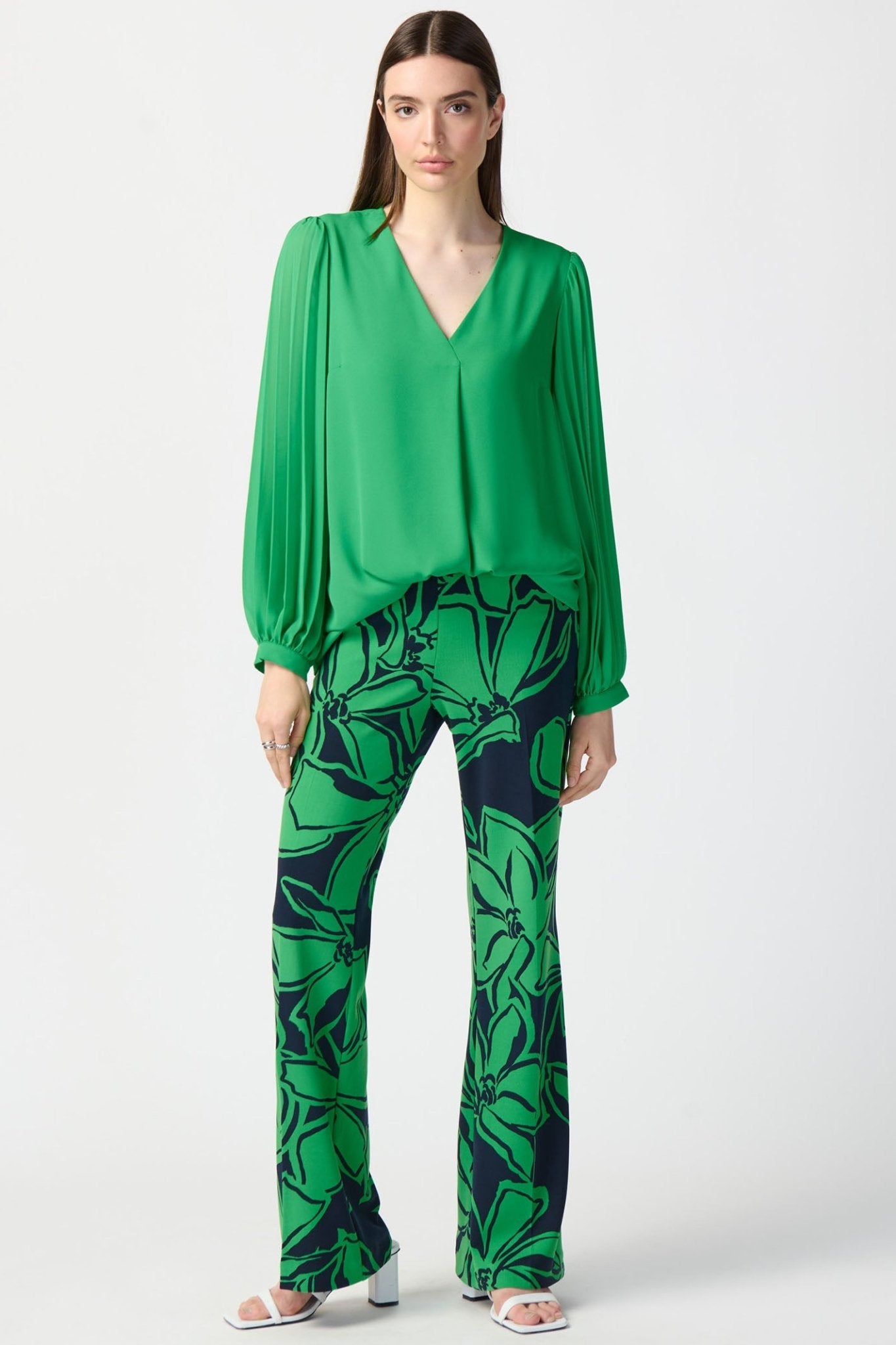 Joseph Ribkoff 241173 Island Green Georgette Pleated Chiffon Sleeves Top - Dotique Chestefield