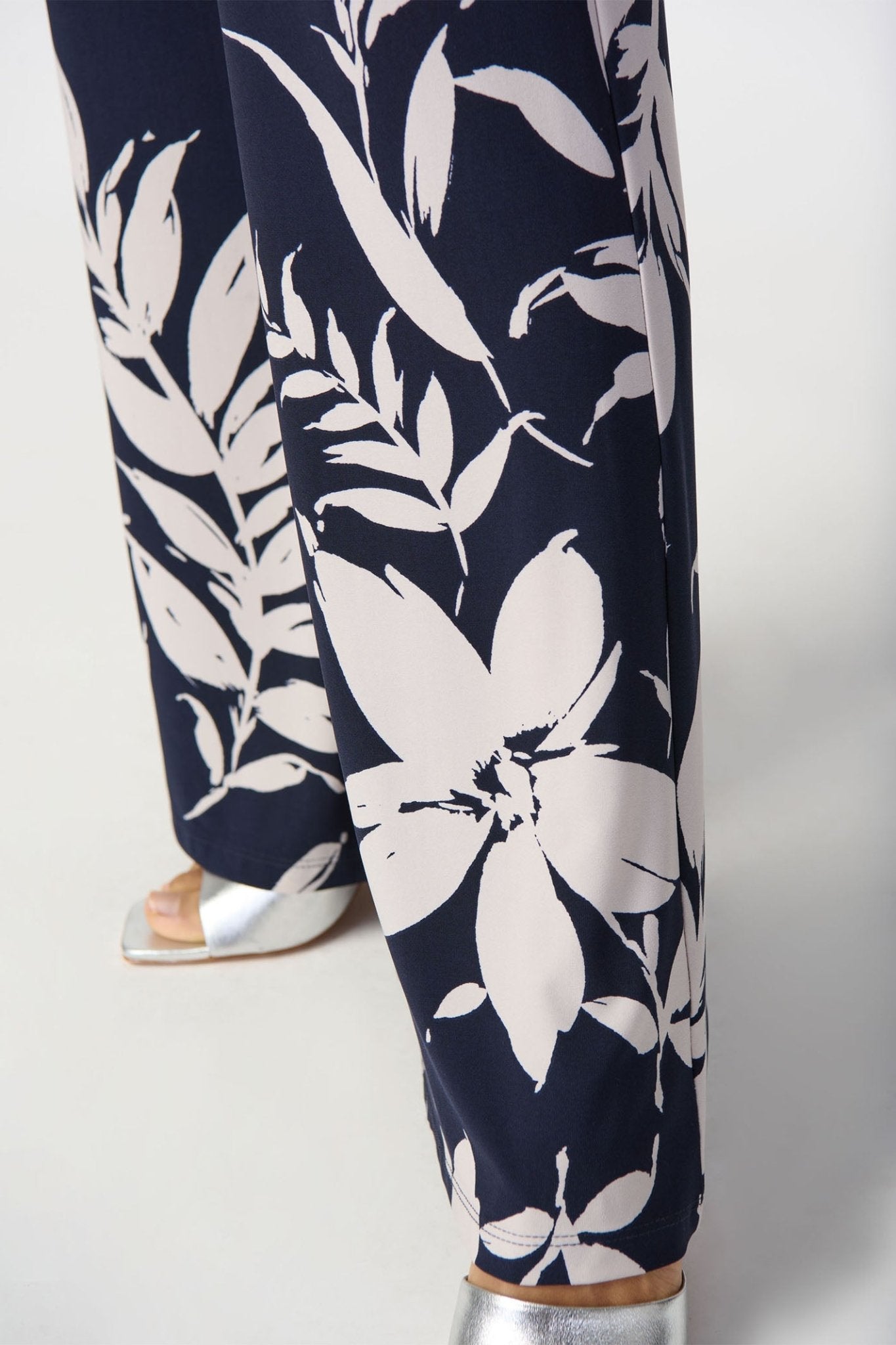 Joseph Ribkoff 241199 Midnight Blue Beige Floral Print Jersey Pull-On Trousers - Dotique