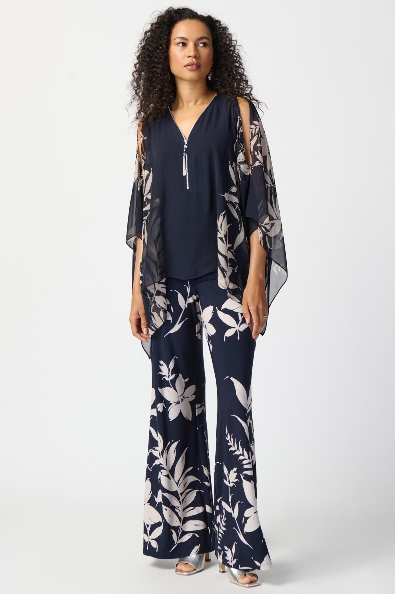 Joseph Ribkoff 241199 Midnight Blue Beige Floral Print Jersey Pull-On Trousers - Dotique