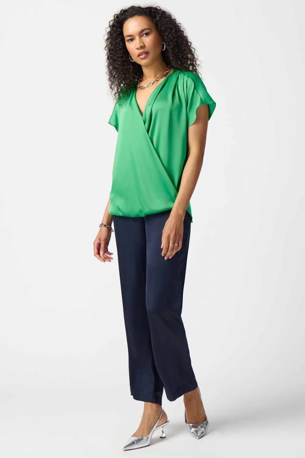 Joseph Ribkoff 241278 Island Green Satin Boxy Wrap Top - Dotique Chesterfield