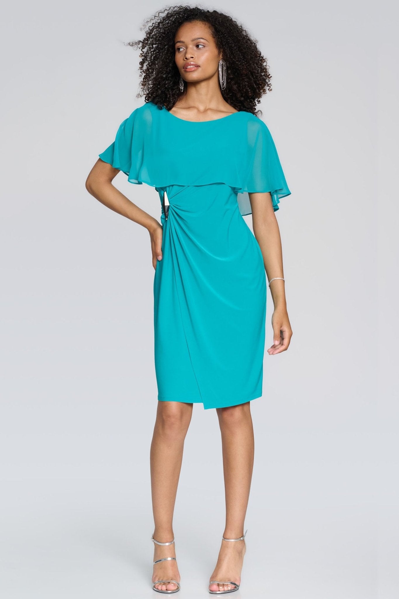 Joseph Ribkoff 241708 Serenity Blue Jersey Dress With Chiffon Cape - Dotique