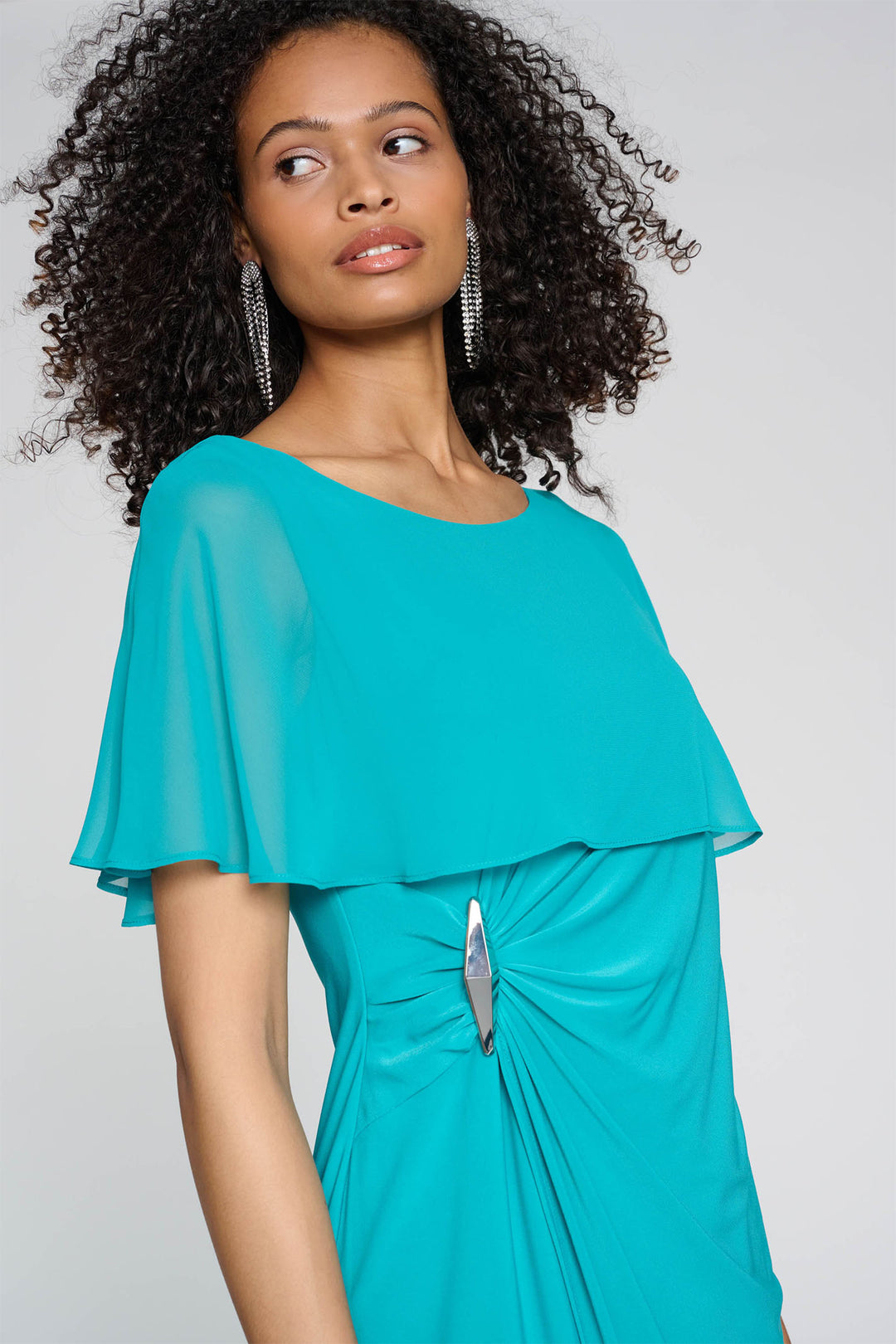 Joseph Ribkoff 241708 Serenity Blue Jersey Dress With Chiffon Cape - Dotique