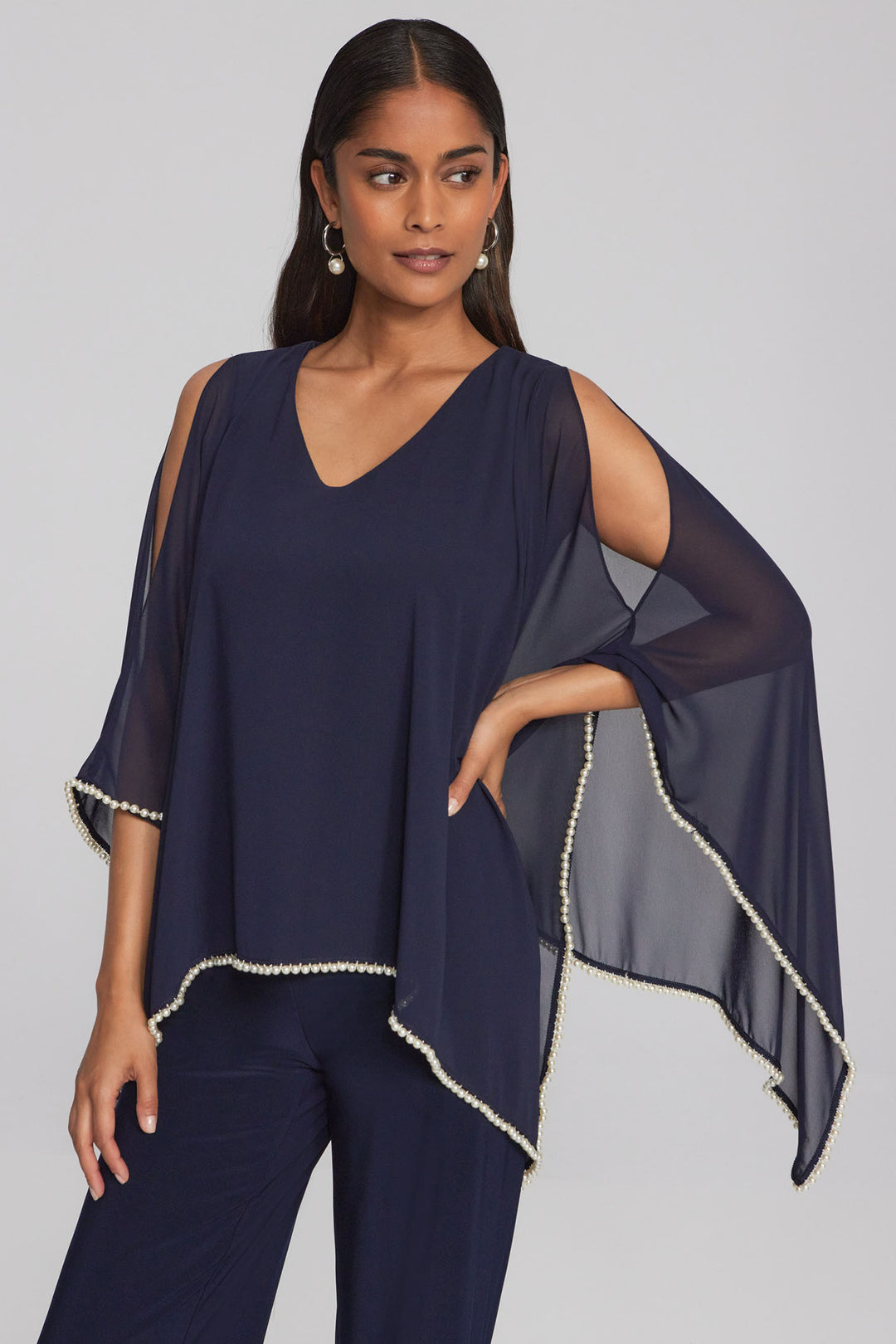 Joseph Ribkoff 241715 Navy Chiffon & Jersey Poncho Top - Dotique