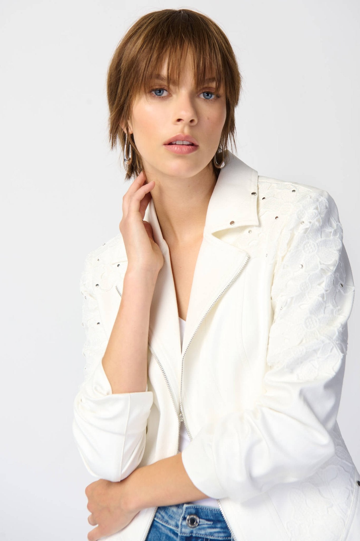 Joseph Ribkoff 241904 Studded Foiled Suede Jacket With Floral Appliqué - Dotique Chesterfield