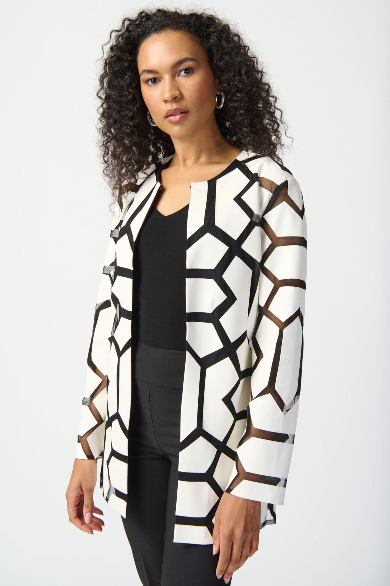 Joseph Ribkoff 241905 Vanila White Black Geometric Print Open Front Jacket - Dotique Chesterfield