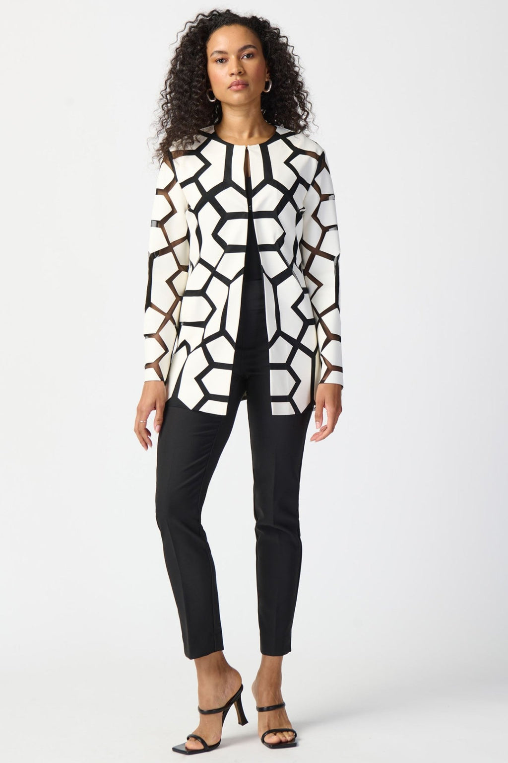 Joseph Ribkoff 241905 Vanila White Black Geometric Print Open Front Jacket - Dotique Chesterfield