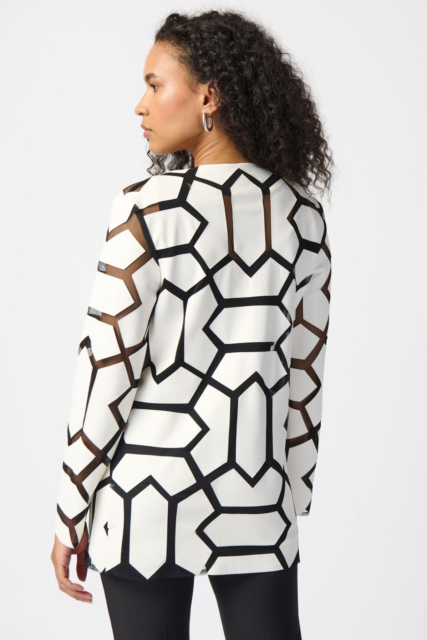 Joseph Ribkoff 241905 Vanila White Black Geometric Print Open Front Jacket - Dotique Chesterfield