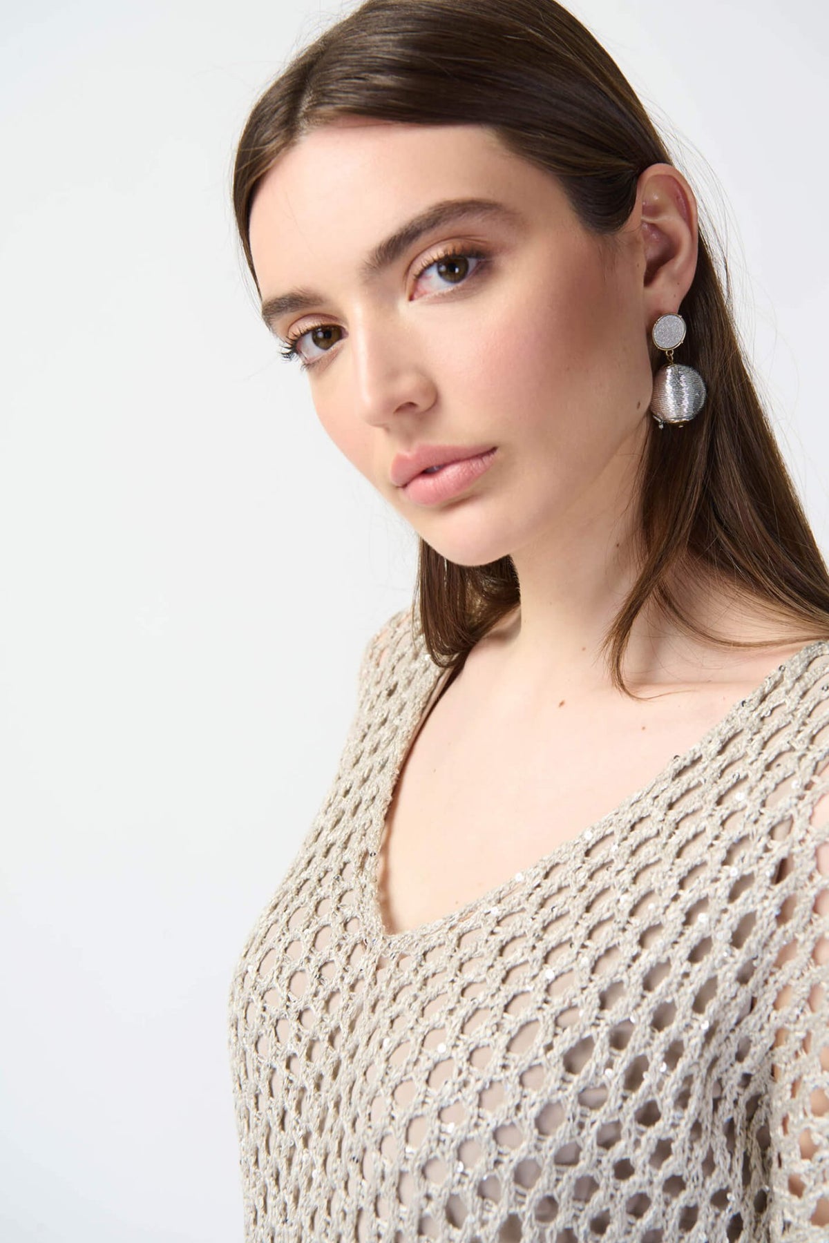 Joseph Ribkoff 241922 Champagne Open Stitch Sequin Jumper - Dotique Chestefield
