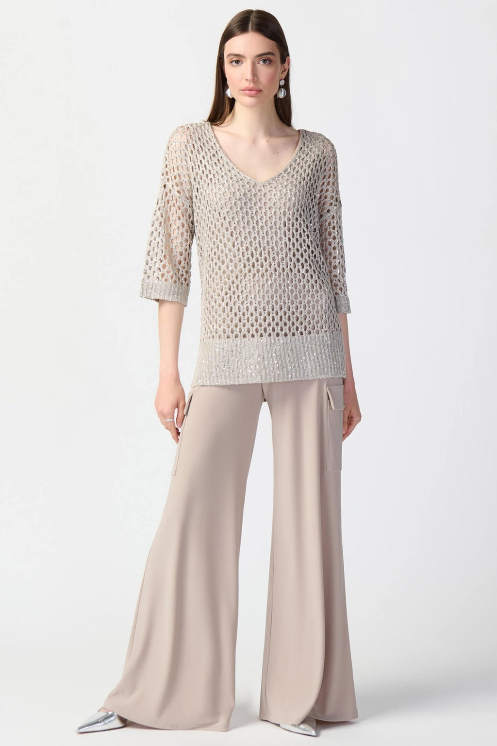 Joseph Ribkoff 241922 Champagne Open Stitch Sequin Jumper - Dotique Chestefield