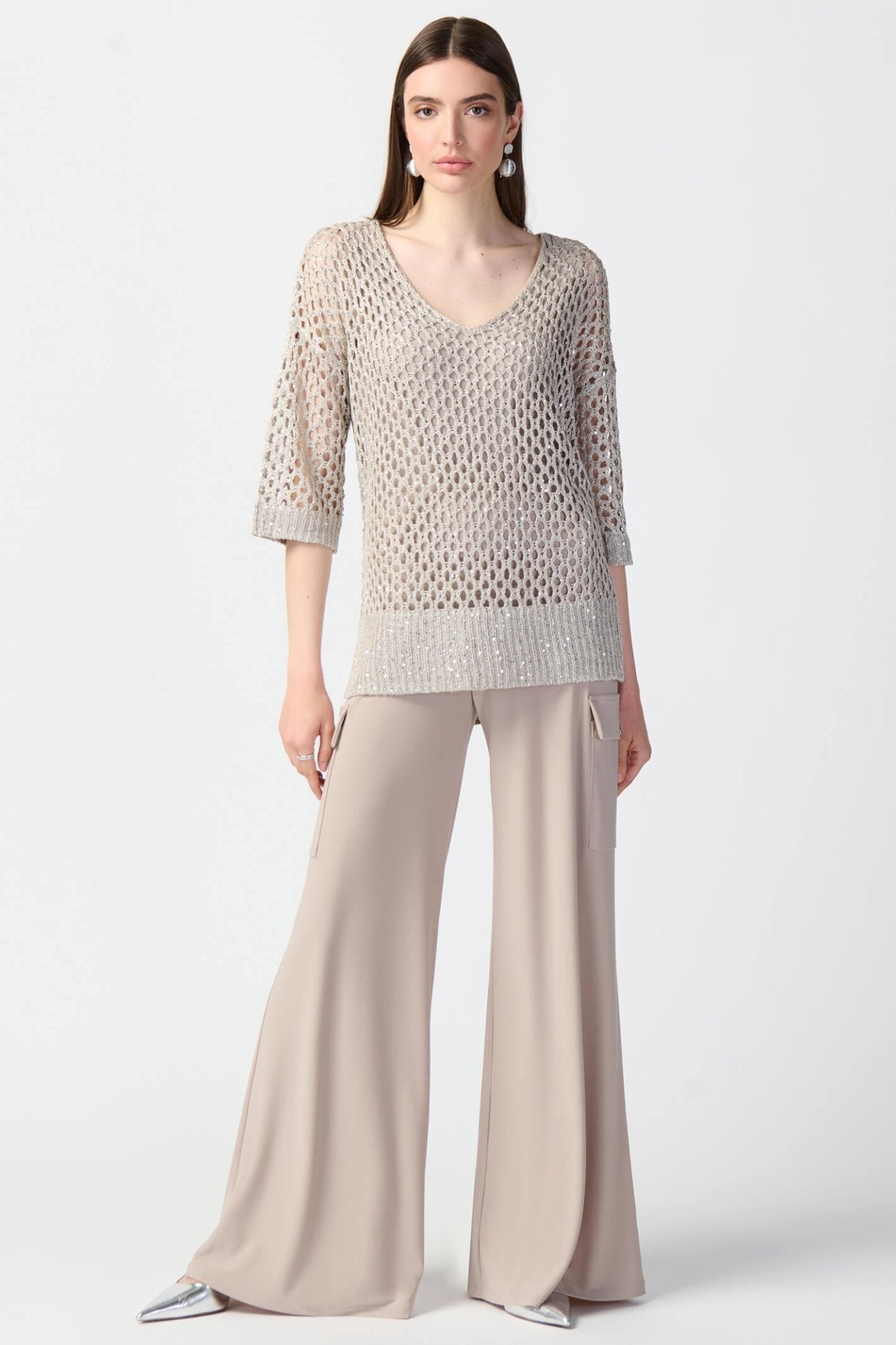 Joseph Ribkoff 241922 Champagne Open Stitch Sequin Jumper - Dotique Chestefield