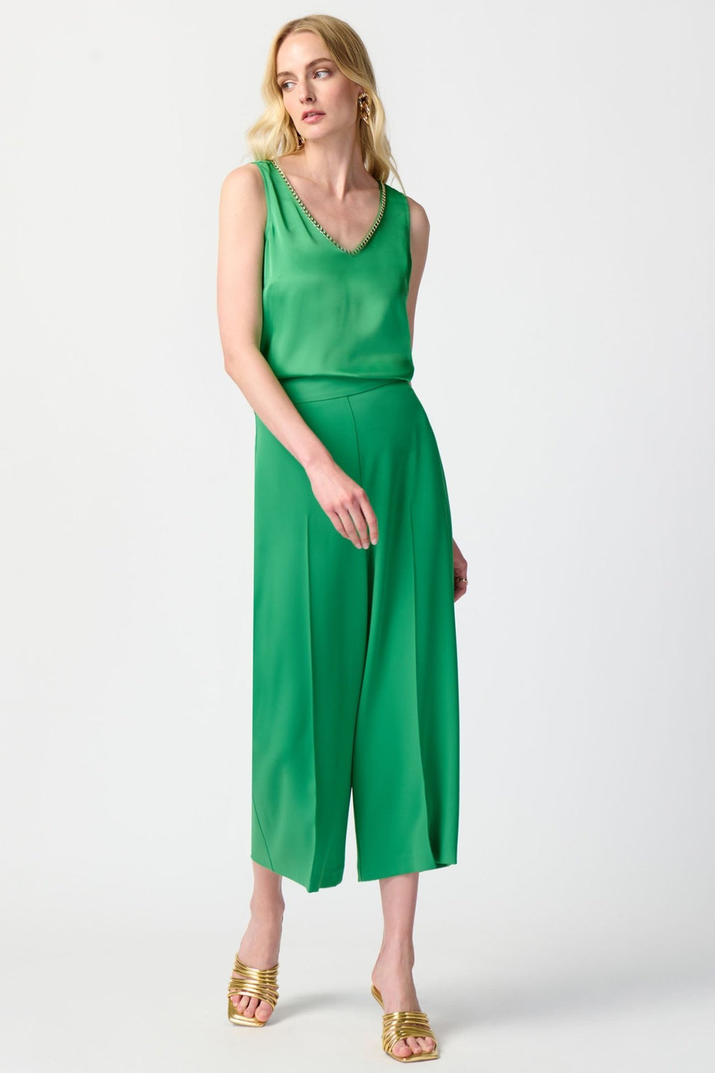 Joseph Ribkoff 241928 Island Green Satin Cami with Gold Chain Detail - Dotique