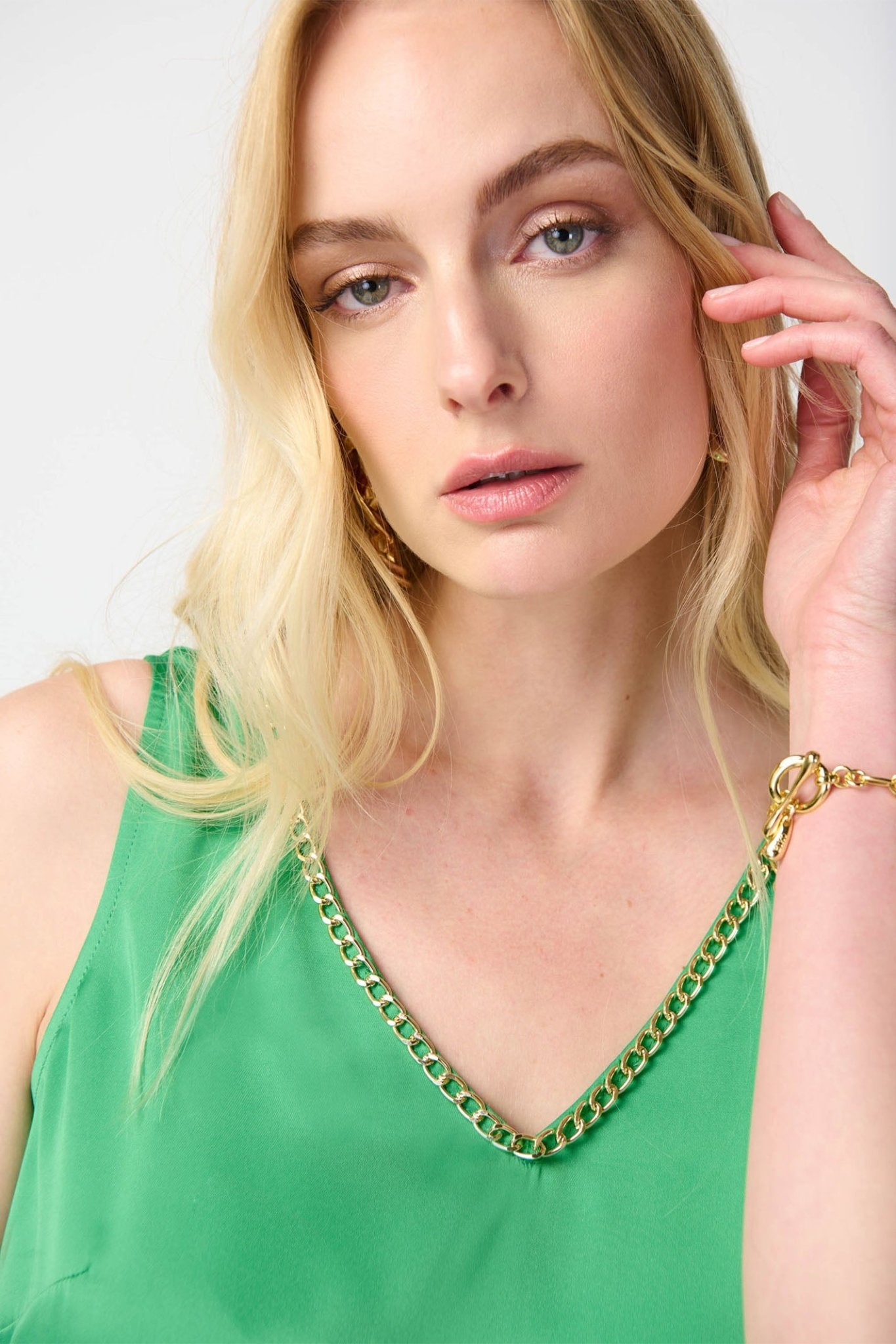 Joseph Ribkoff 241928 Island Green Satin Cami with Gold Chain Detail - Dotique