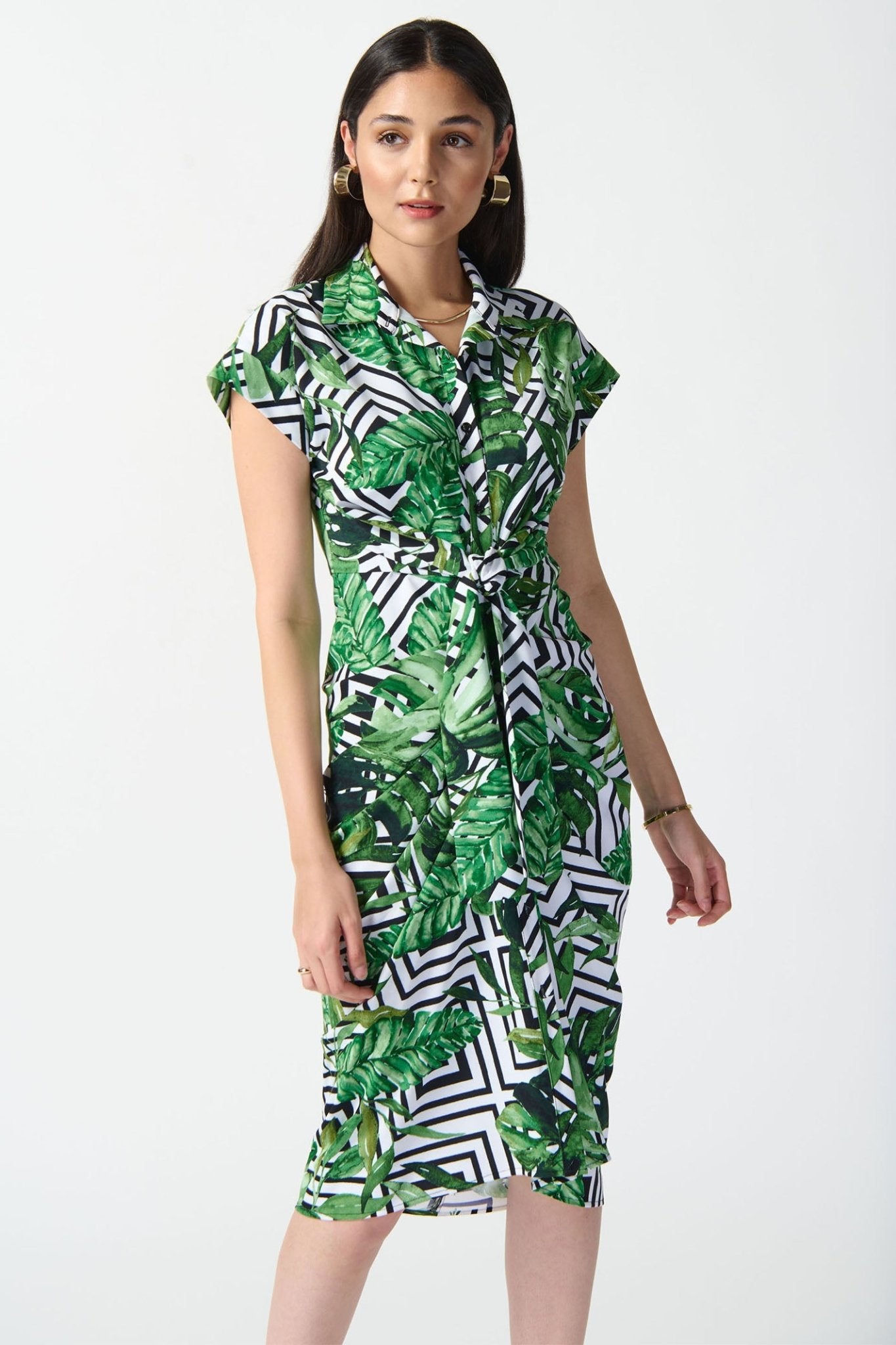 Joseph Ribkoff 242033 Green Tropical Print Jersey Shirt Dress - Dotique