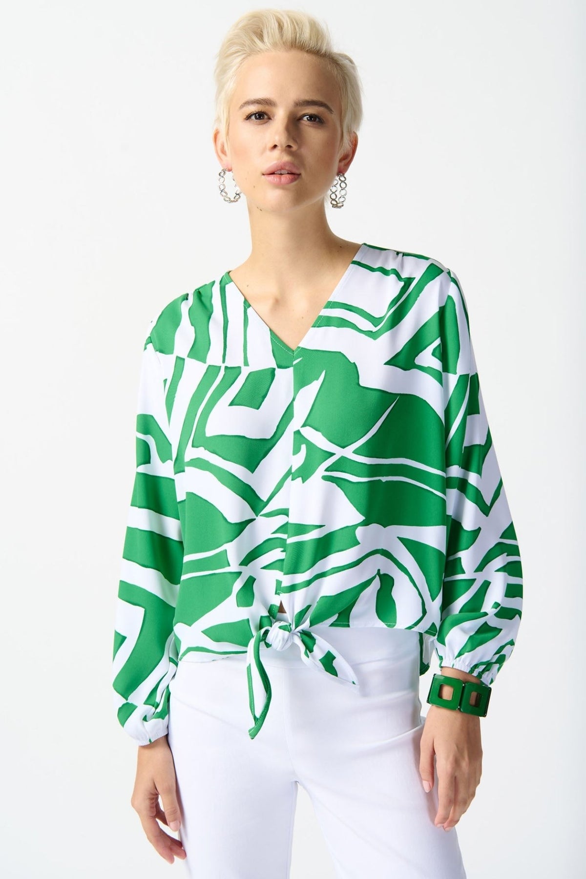 Joseph Ribkoff 242121 Green Abstract Print Front Tie Top - Dotique