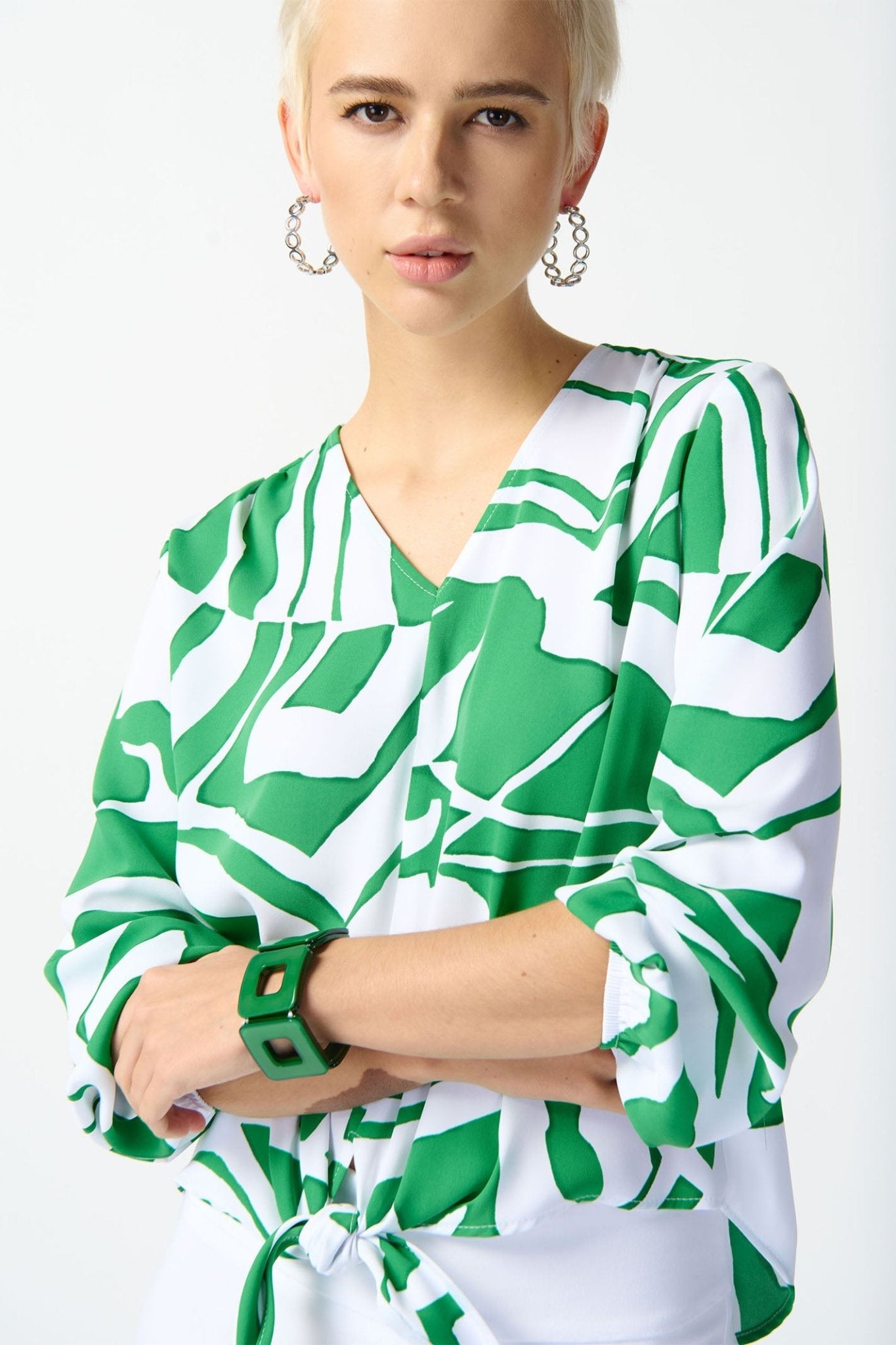 Joseph Ribkoff 242121 Green Abstract Print Front Tie Top - Dotique