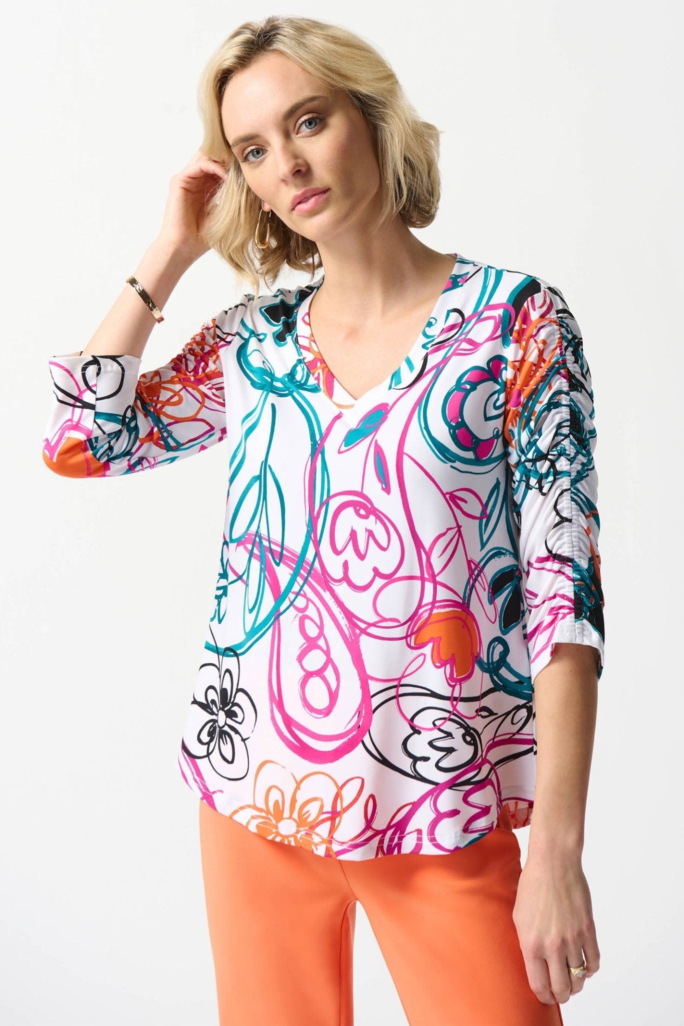 Joseph Ribkoff 242179 Vanilla Multi Paisley Print V-Neck Jersey Top - Dotique