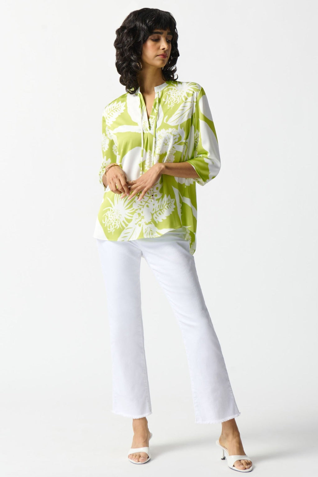 Joseph Ribkoff 242184 Lime Green Print Tie-Neck Top - Dotique