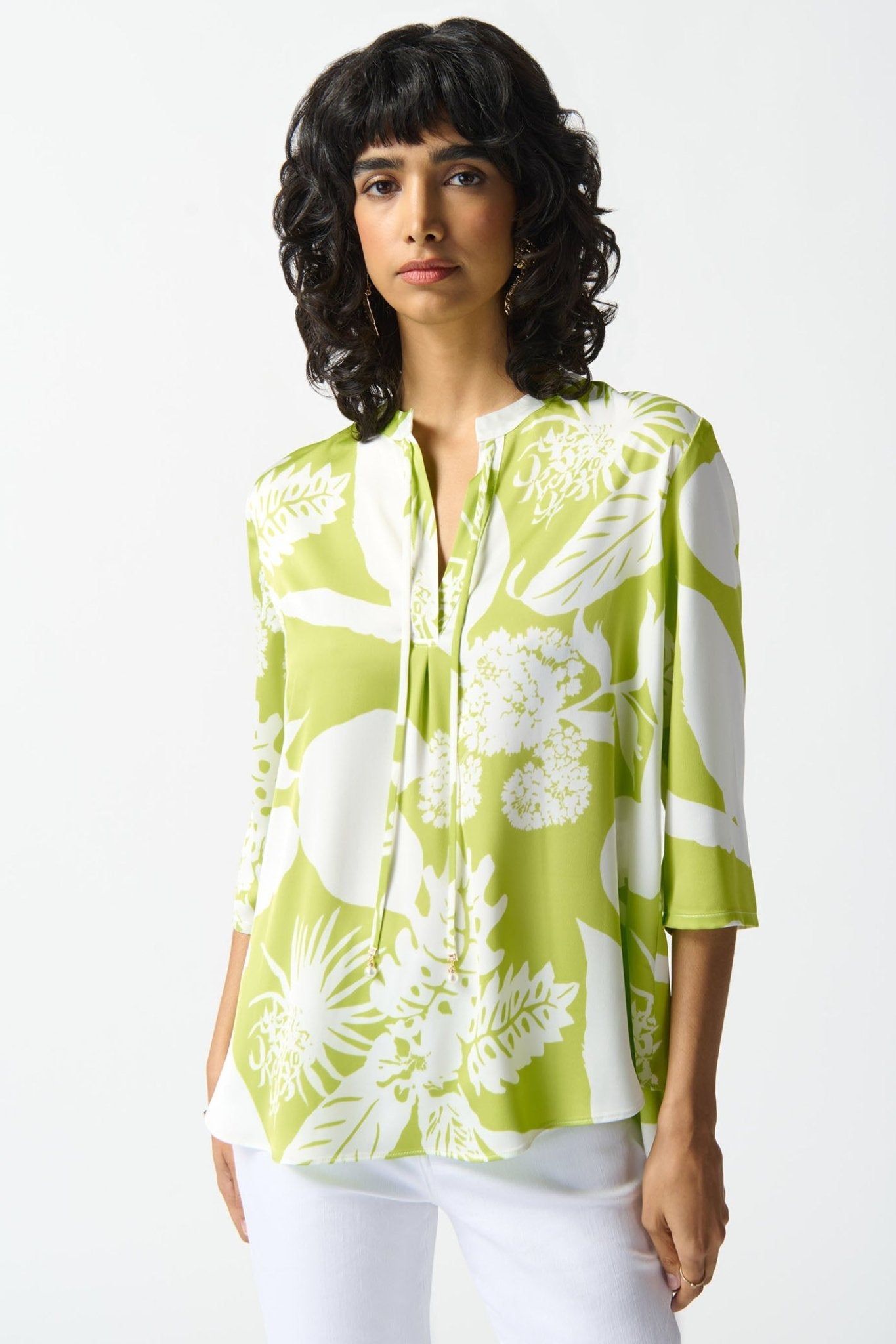 Joseph Ribkoff 242184 Lime Green Print Tie-Neck Top - Dotique