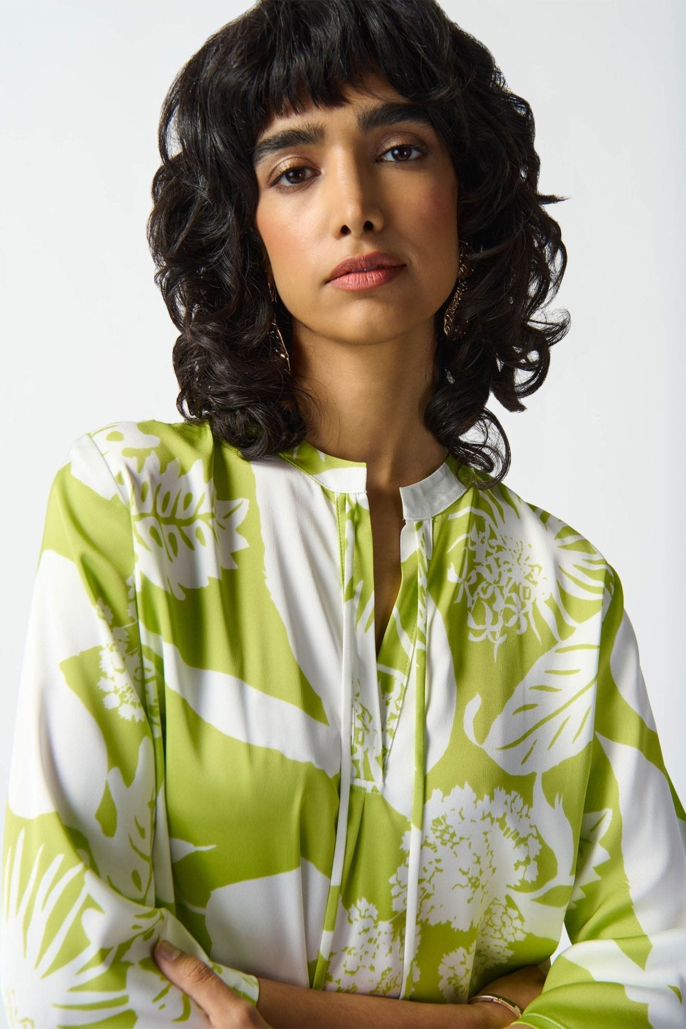Joseph Ribkoff 242184 Lime Green Print Tie-Neck Top - Dotique