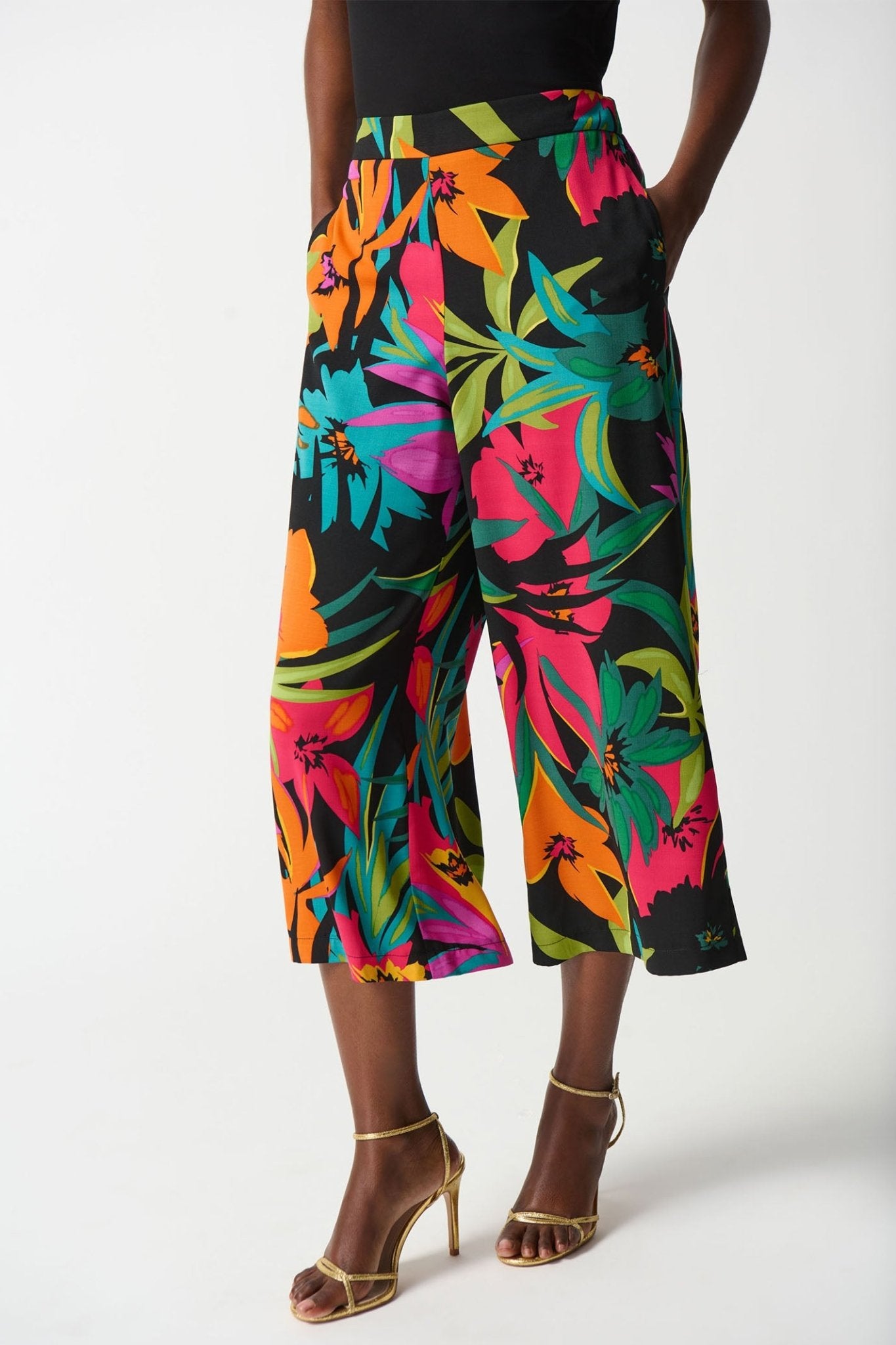 Joseph Ribkoff 242211 Black Multi Tropical Print Culotte Trousers - Dotique