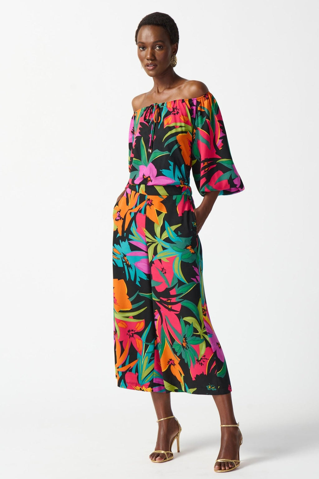 Joseph Ribkoff 242211 Black Multi Tropical Print Culotte Trousers - Dotique