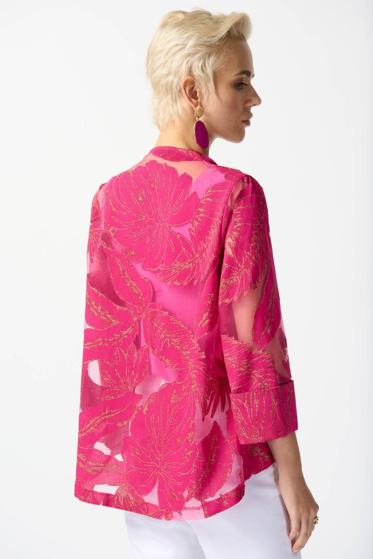 Joseph Ribkoff 242219 Pink Gold Jacquard Tropical Print Swing Jacket - Dotique