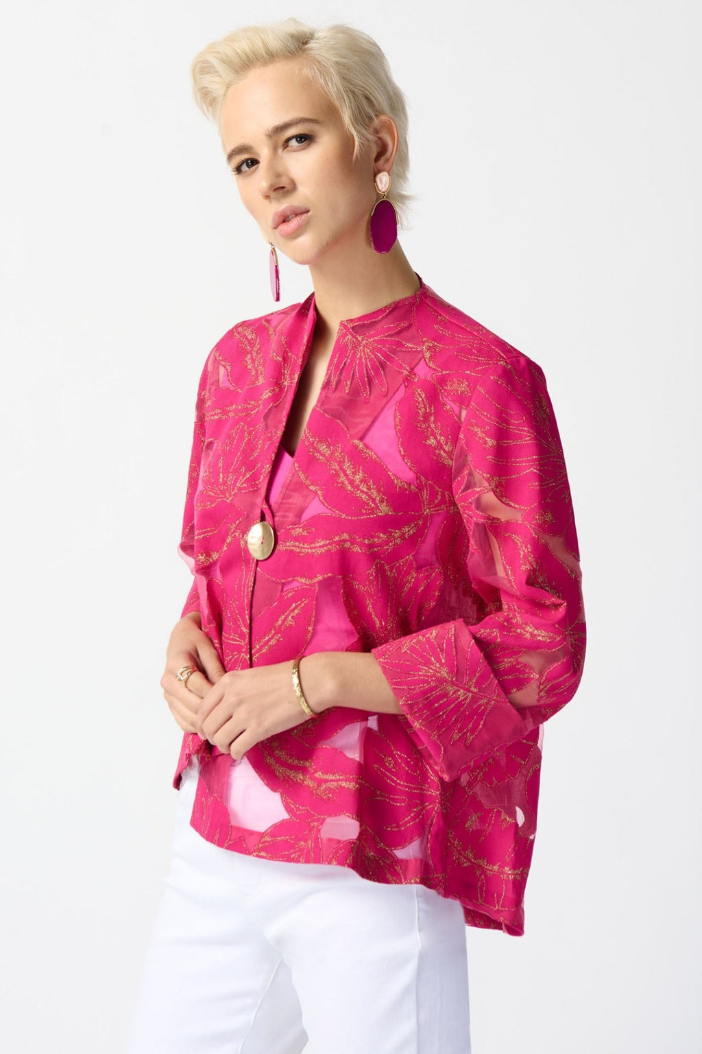 Joseph Ribkoff 242219 Pink Gold Jacquard Tropical Print Swing Jacket - Dotique